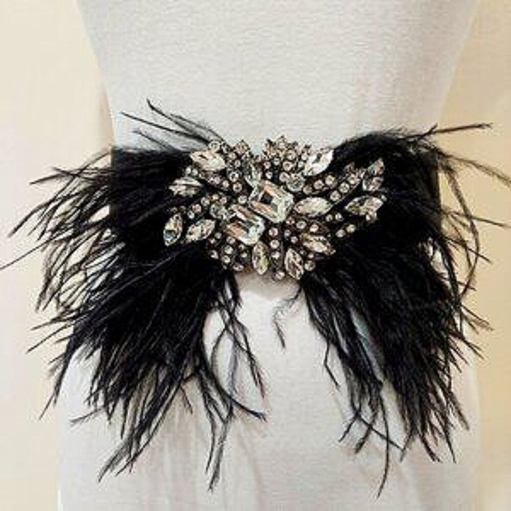 💥GLAM & CHIC💥Roaring 20s Style Black Genuine Leather Crystals & Feathers Belt